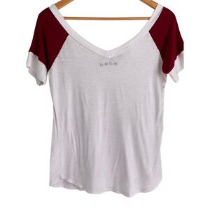 Bebe Women's Crystal Logo V Neck Short Sleeve Top Plum And White Size S/P